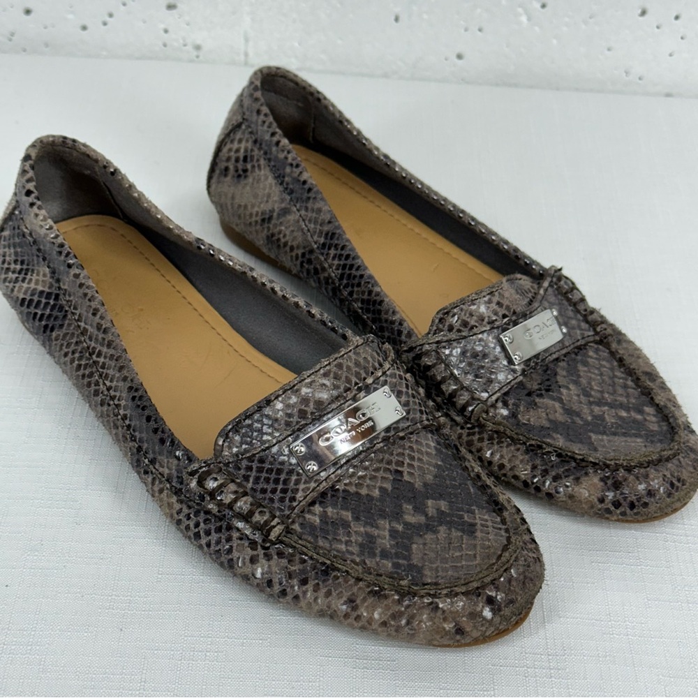 Coach Women’s Size 5.5 Fredrica Gray Snake Print Driving Loafers
